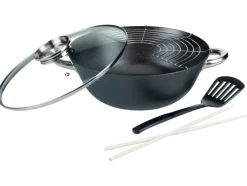 wokset, 5-delig, roestvrijstalen handgrepen, aroma glazen deksel, gemaakt van gietijzer, met rekje<GSW Sale